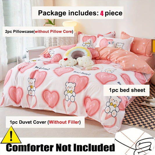 Four Seasons bedding set with Love Bear print, includes quilt cover, pillowcases, and fitted sheet. Soft, breathable, machine washable.