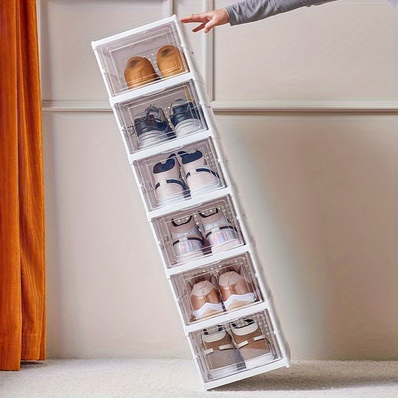 Free-Standing, Stackable & Dust-Proof Plastic Shoe Rack with Lid - Modern 6-Layer Foldable Storage Organizer for Entryway and Closet