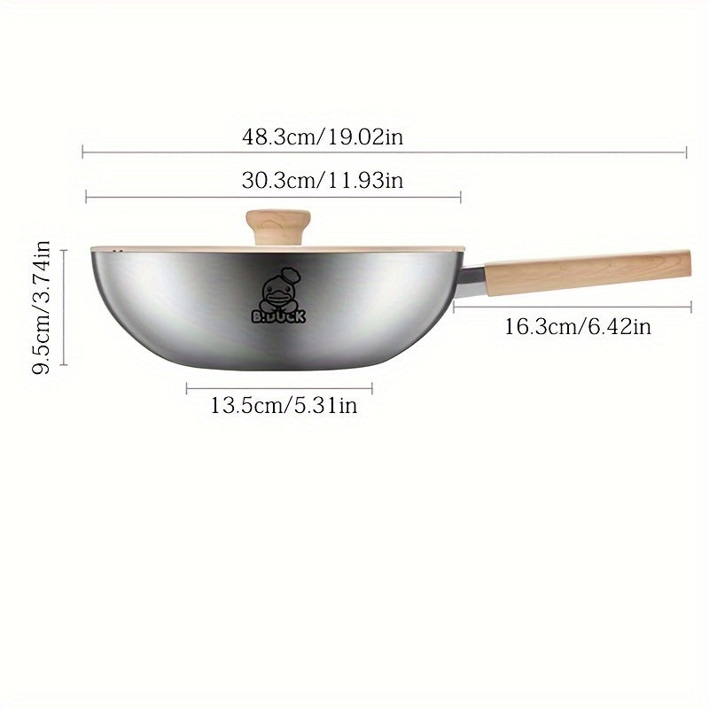 The COOKING KING Non-Stick Stainless Steel Wok Pan with Lid is PFOA Free and safe to use in the dishwasher and oven. It is also compatible with induction cooktops, making it a perfect choice for home kitchens.