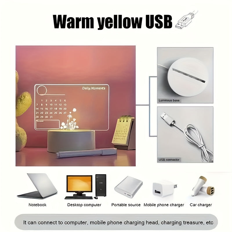 3D Handwritten Night Light with Calendar DIY Writing Board and White Base. Includes stylus for creativity and transparent luminous acrylic message board. LED Table Lamp and creative desktop night light, perfect for giving as a gift.