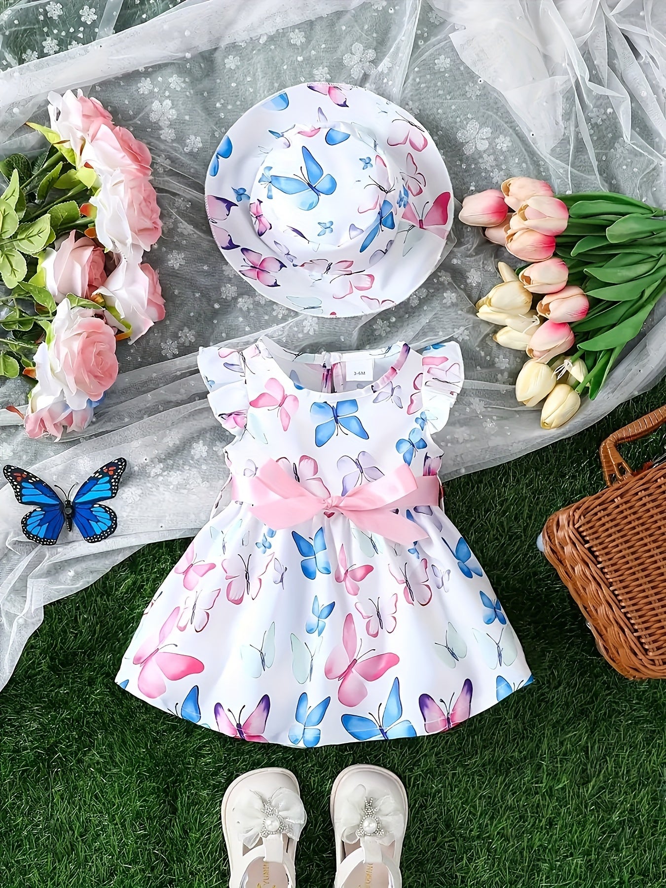 Cute Toddler Girls' Butterfly Print Dress and Matching Hat Set - Flutter sleeve design, perfect for summer vacations, made from polyester and spandex blend