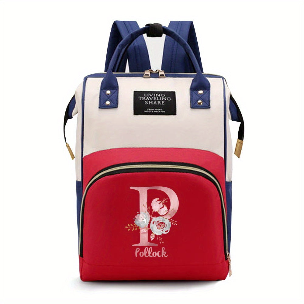 Personalized Mommy Backpack made of durable Oxford cloth with ample storage space for diapers and other essentials. Features customizable initials and name, as well as convenient bottle pockets. Perfect for nursing mothers on-the-go, with options for A-Z