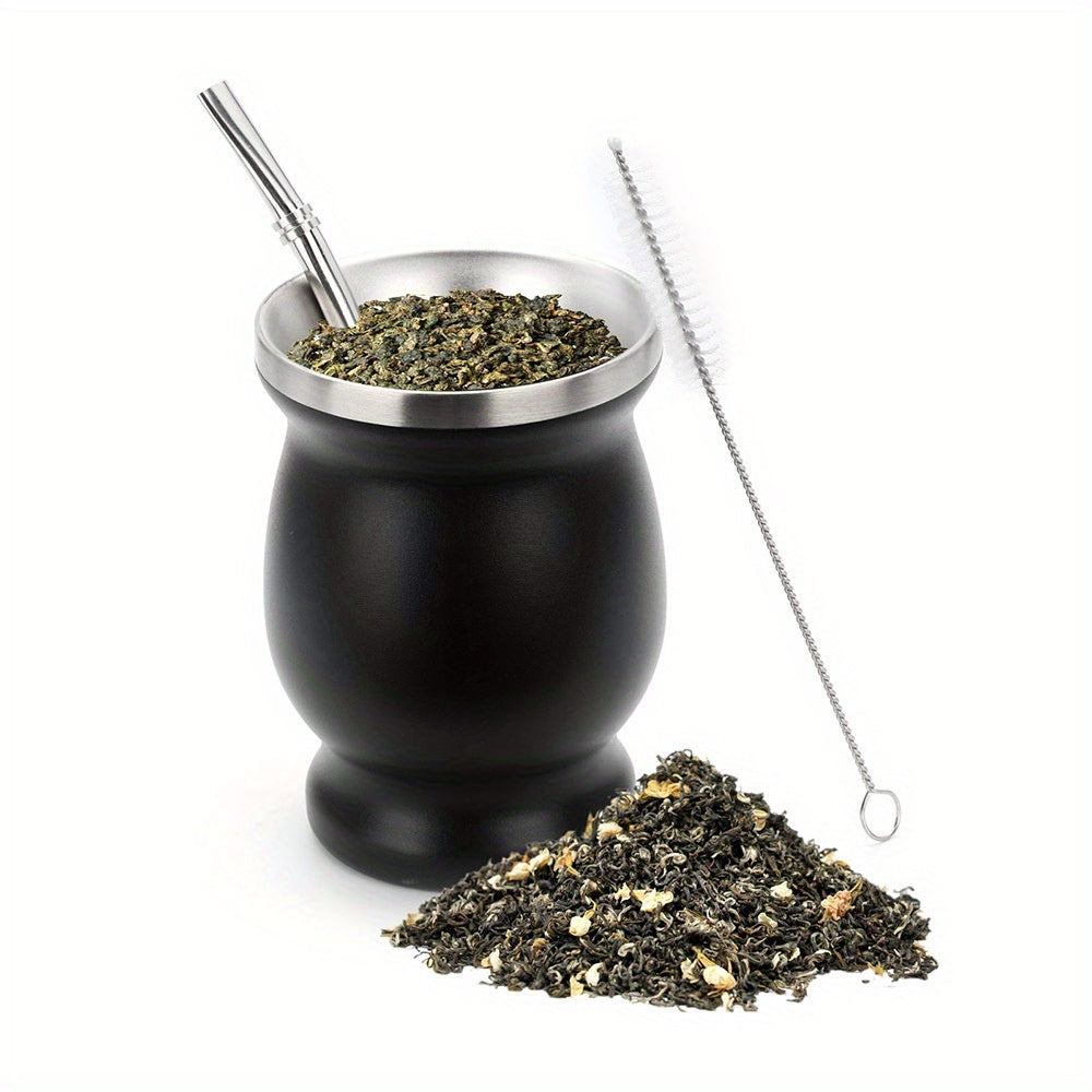 8oz stainless steel Yerba Mate cup and bombilla set, includes brush and straw. Perfect for enjoying Yerba Mate at home or on the go. Ideal birthday gift.