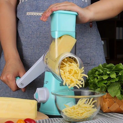 Three-in-One manual cheese and vegetable grater made of durable plastic with interchangeable shaving rollers, suitable for kitchen, camping, and RV use. Easy to use, rustproof, and easy to