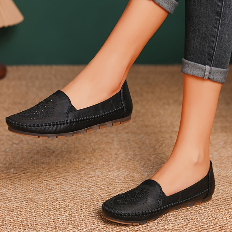 Women's flat shoes with solid color, soft sole, slip on style, and lightweight comfort.