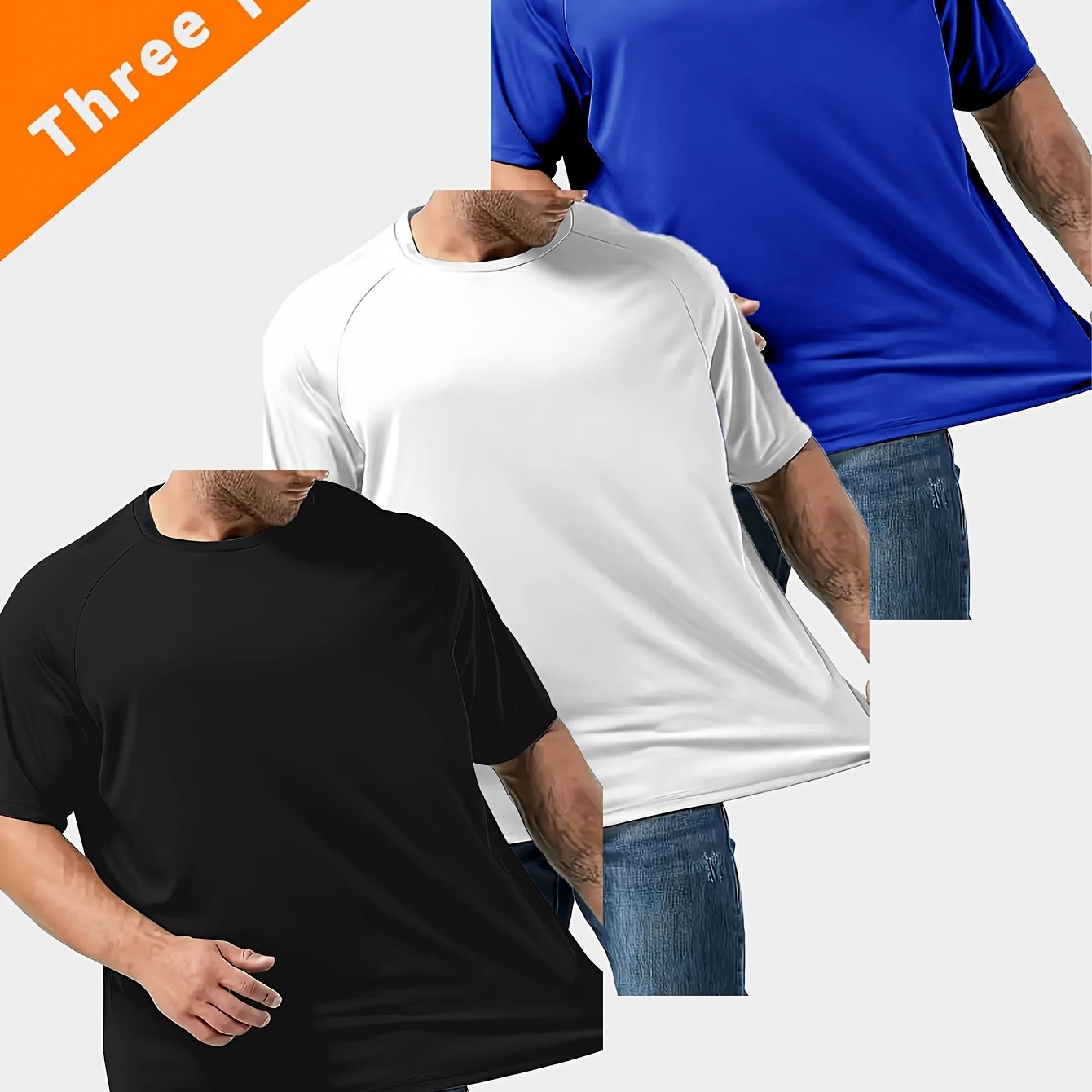 Three large solid short-sleeve sports t-shirts for men, versatile for outdoor activities and leisure, plus size