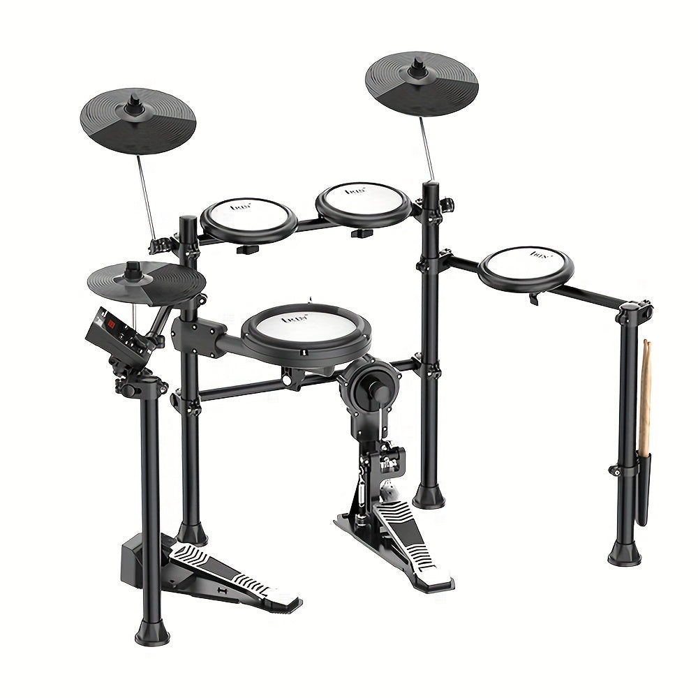 IRIN ND-16 Electronic Drum Set with Silicone Mesh includes 5 drums, 3 cymbals, bass drum, stool, headphones, power adapter, and installation guide. Hardwired with 36V or lower voltage.