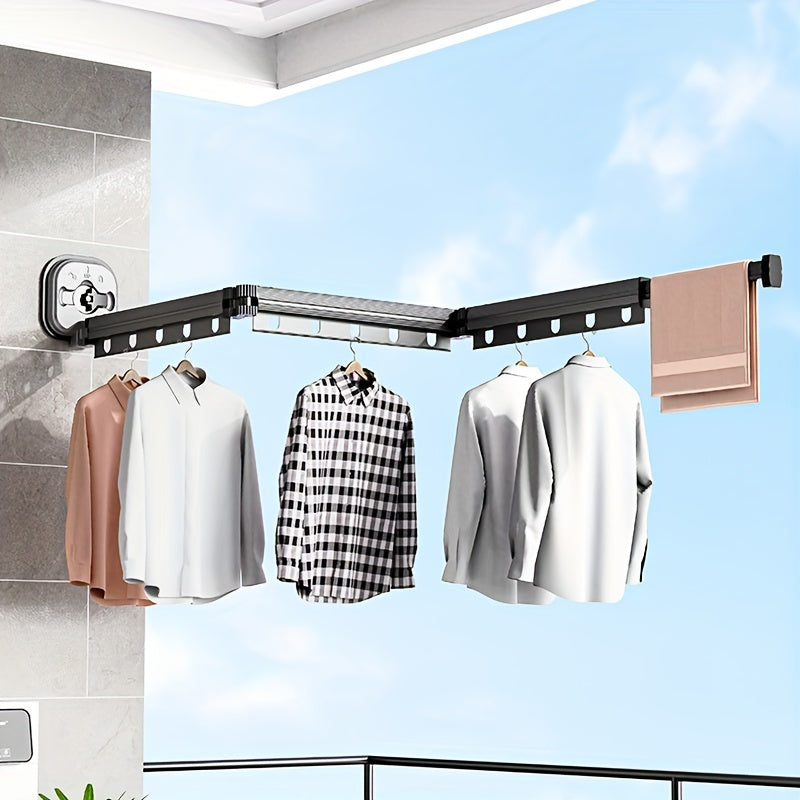 1pc Expandable Metal Clothes Drying Rack with Suction Cups, Foldable and Detachable Wall-Mounted Laundry Hanger, Telescopic Pole for Home or Outdoor Use.