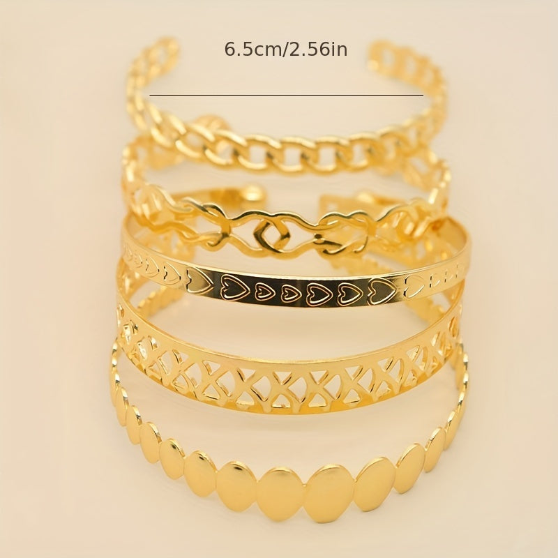 Set of 5 Personality Chain Love Irregular Pattern Middle Eastern Golden Bangle Alloy Jewelry