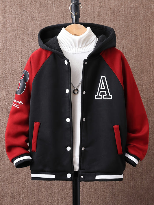 Stylish boys' color-block hoodie with 'A' print, perfect for fall/winter. Machine washable.