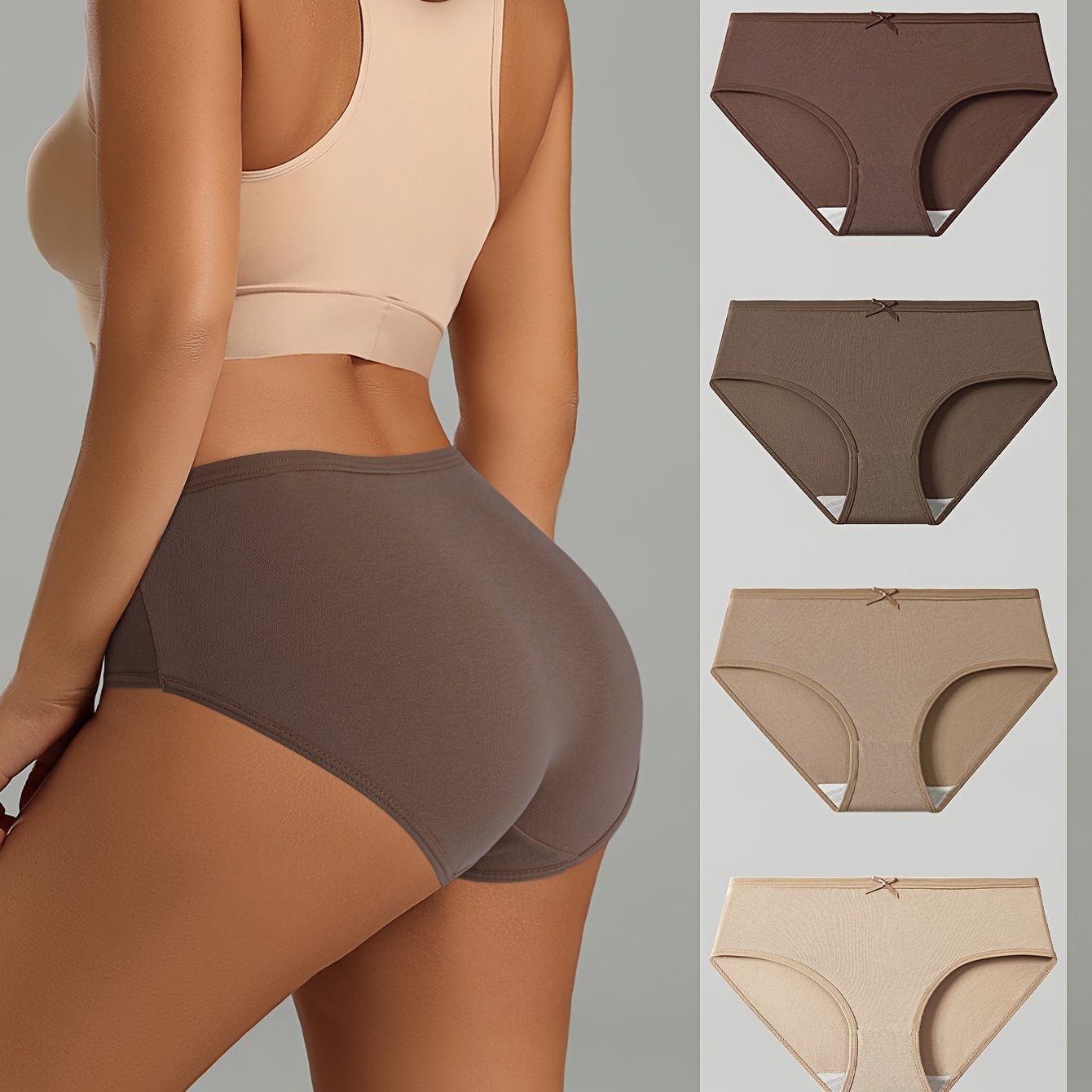 4 Maillard Color briefs for women in beige, brown, and nude shades. Sexy, comfortable, and breathable with bow detail and stretchy, non-see-through fit.