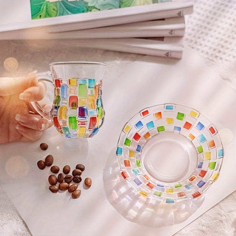 Hand-painted color grid coffee cup and saucer set with European style, perfect for home use.