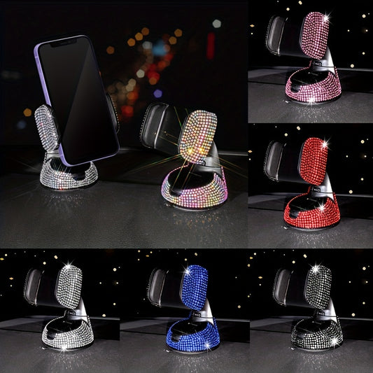 Luxury Rhinestone-Encrusted Car Phone Holder with Sparkling Crystals, Multi-Functional, Rotating Suction Cup Mount for Dashboard & Air Vent in Various Vehicles.