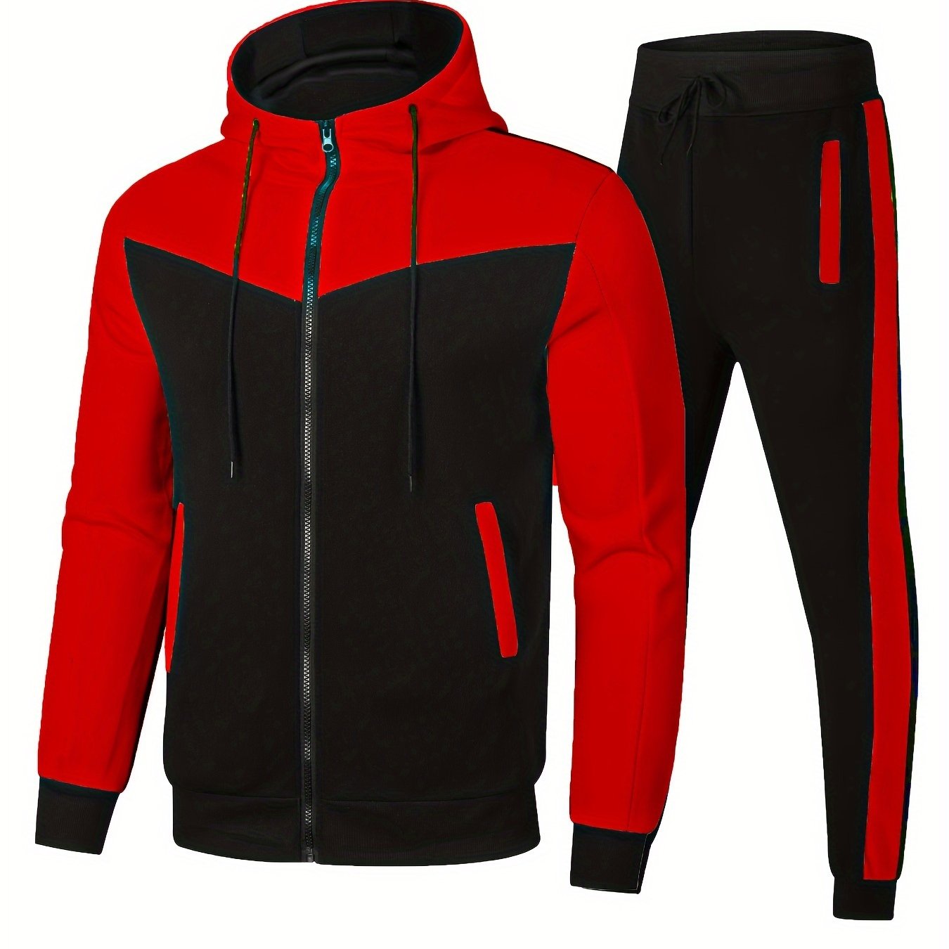 Men's athletic two-piece set: zip-up hoodie with drawstring waistband and matching joggers made of breathable polyester. Casual sportswear for spring and fall.