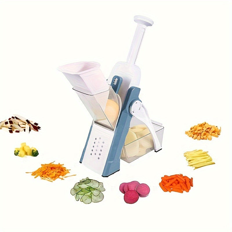 Manual vegetable chopper and slicer with interchangeable blades, made of stainless steel and plastic. A safe and easy-to-use kitchen gadget for chefs at home. Suitable for cutting fruits, vegetables, potato chips, and dicing onions.