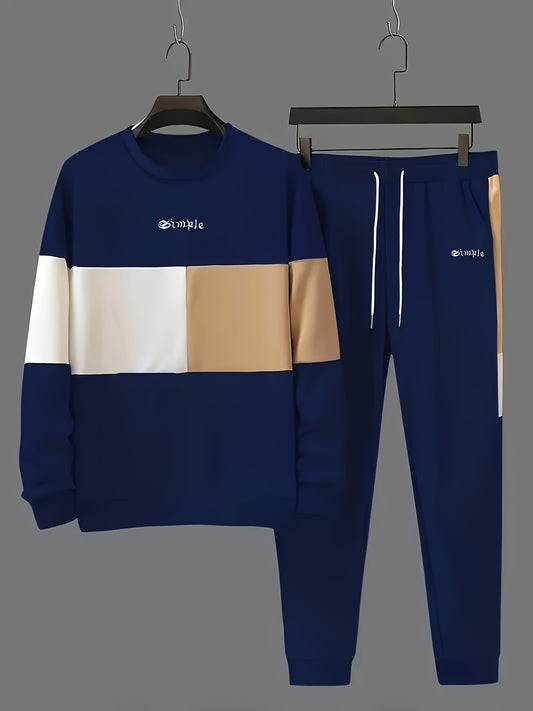 Casual men's outfit includes color block sweatshirt and drawstring pants.