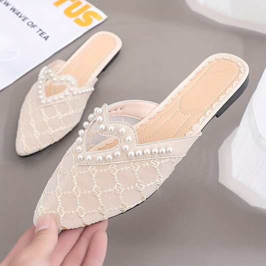 Stylish pointed-toe mules with pearl accents, breathable fabric, non-slip sole, and versatile beige color.