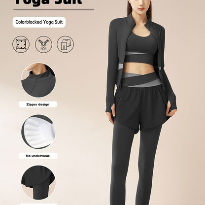 Athletic set for women with colorblocked yoga suit, long leggings, and slim fit sports top. Made of polyester and elastane blend with medium stretch. Suitable for running and fitness.