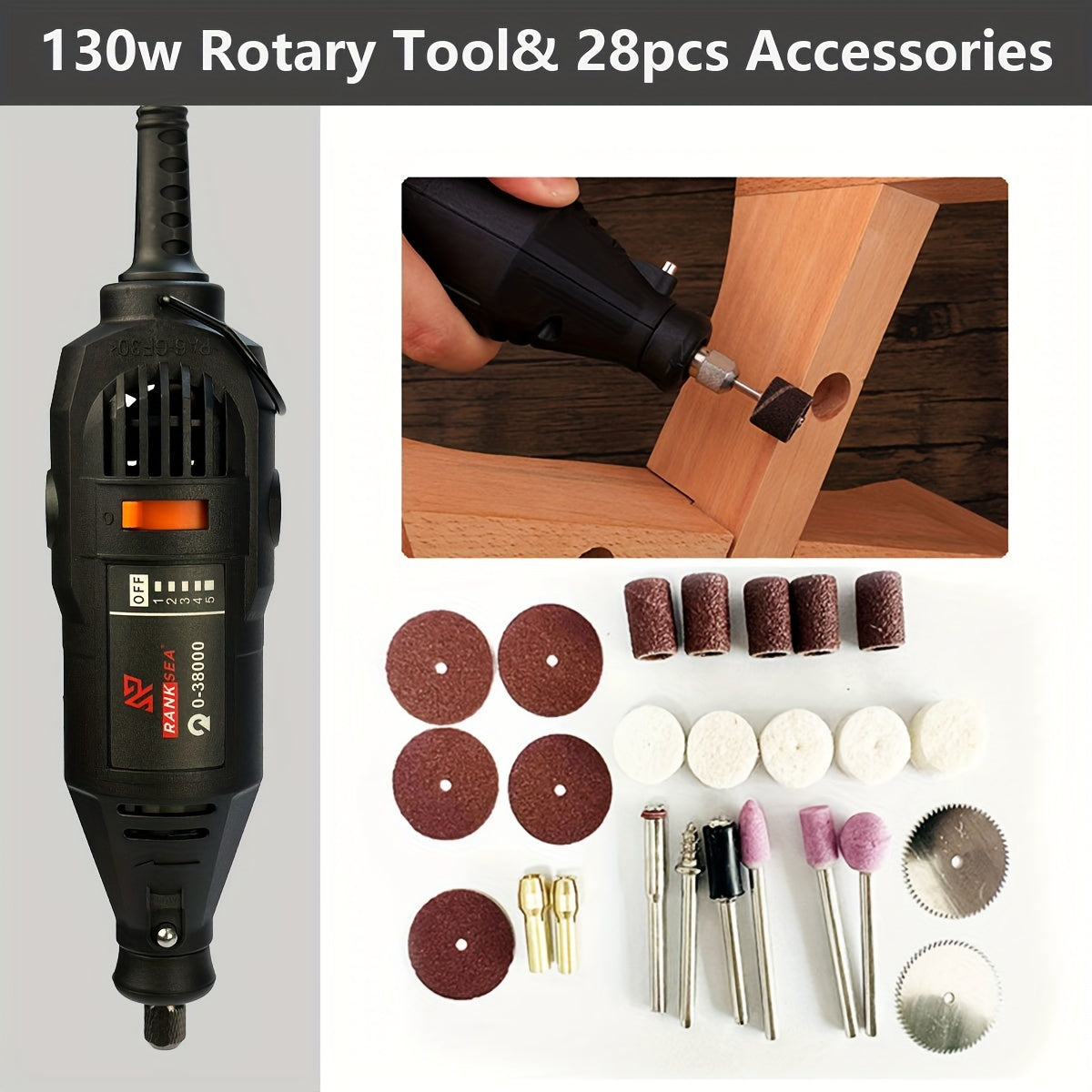 Rotary tool kit with 5 speed adjustments and 218 accessories for various projects.