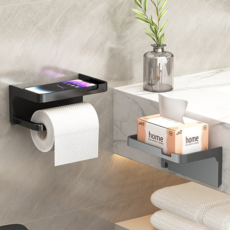 Wall-mounted bathroom toilet paper holder with shelves in matte black finish, includes phone stand, no-drill installation.