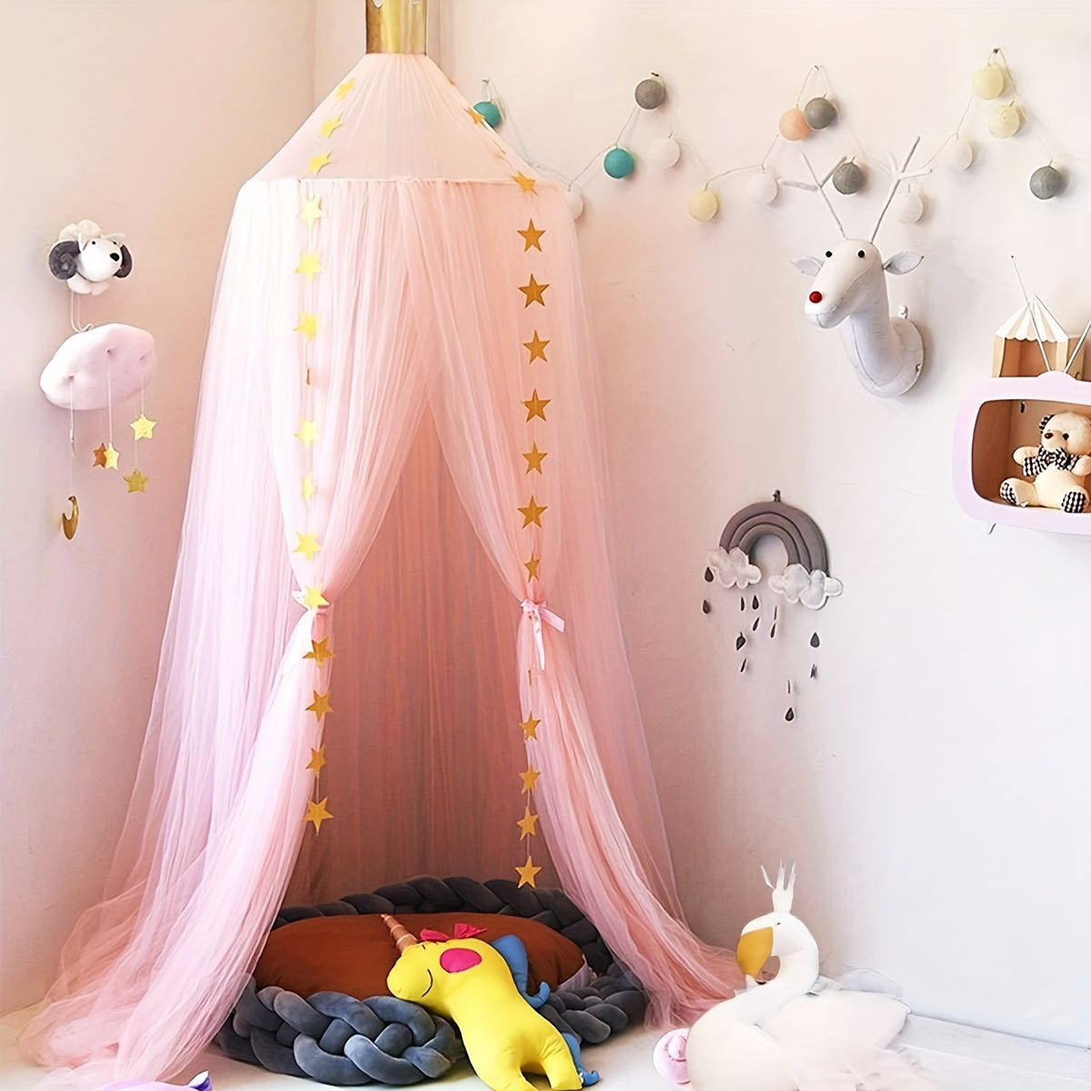 Whimsical pink princess bed canopy for girls featuring soft chiffon dome with star accents, 240.03cm height, ideal for nursery and reading corner décor.