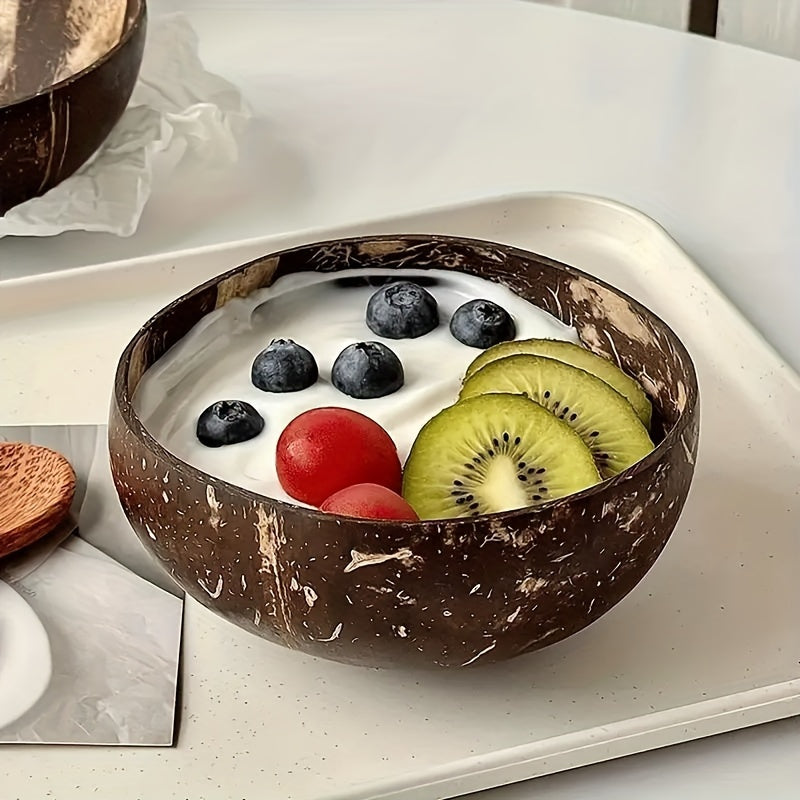 Natural coconut bowl for salads, smoothies, oatmeal, fruit yogurt. Rust-resistant, unique shape kitchen accessory.