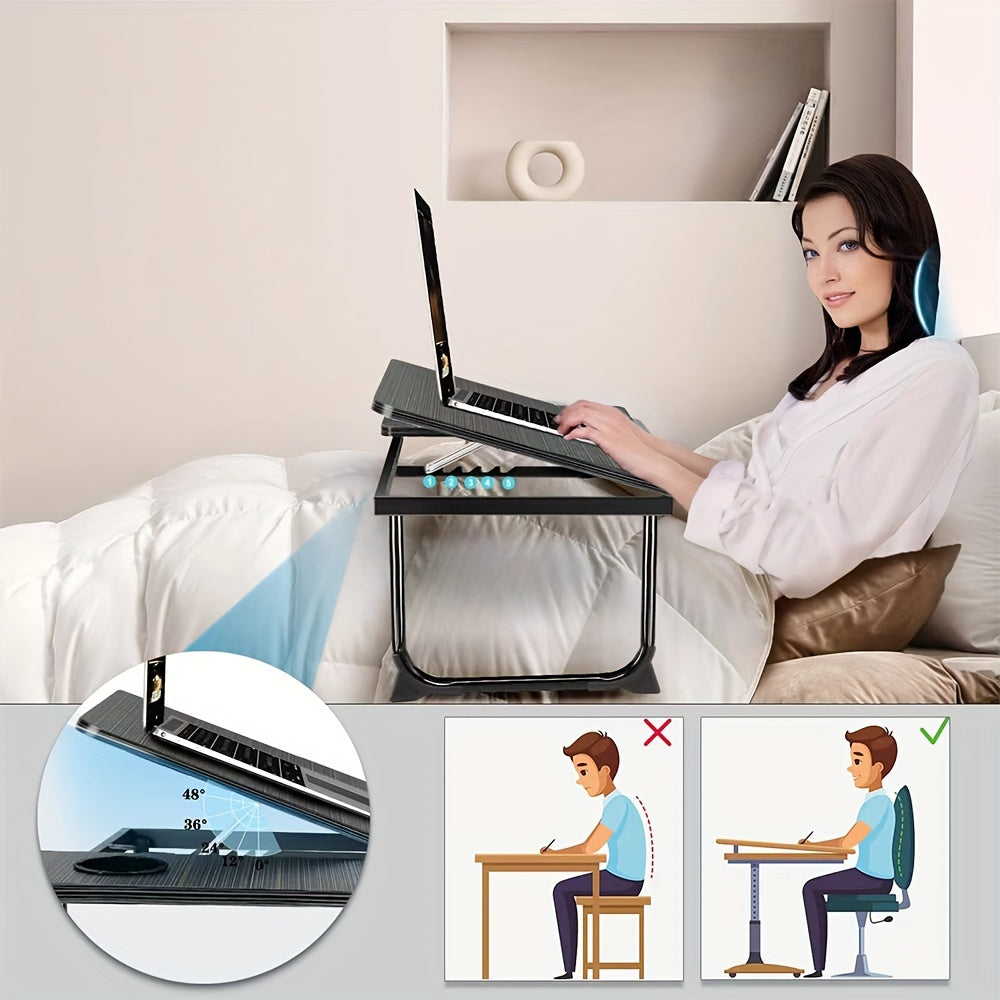 5-position lap desk with cup holder and anti-slip strip, multi-functional folding study desk, portable laptop table, bed workstation, home office desk.