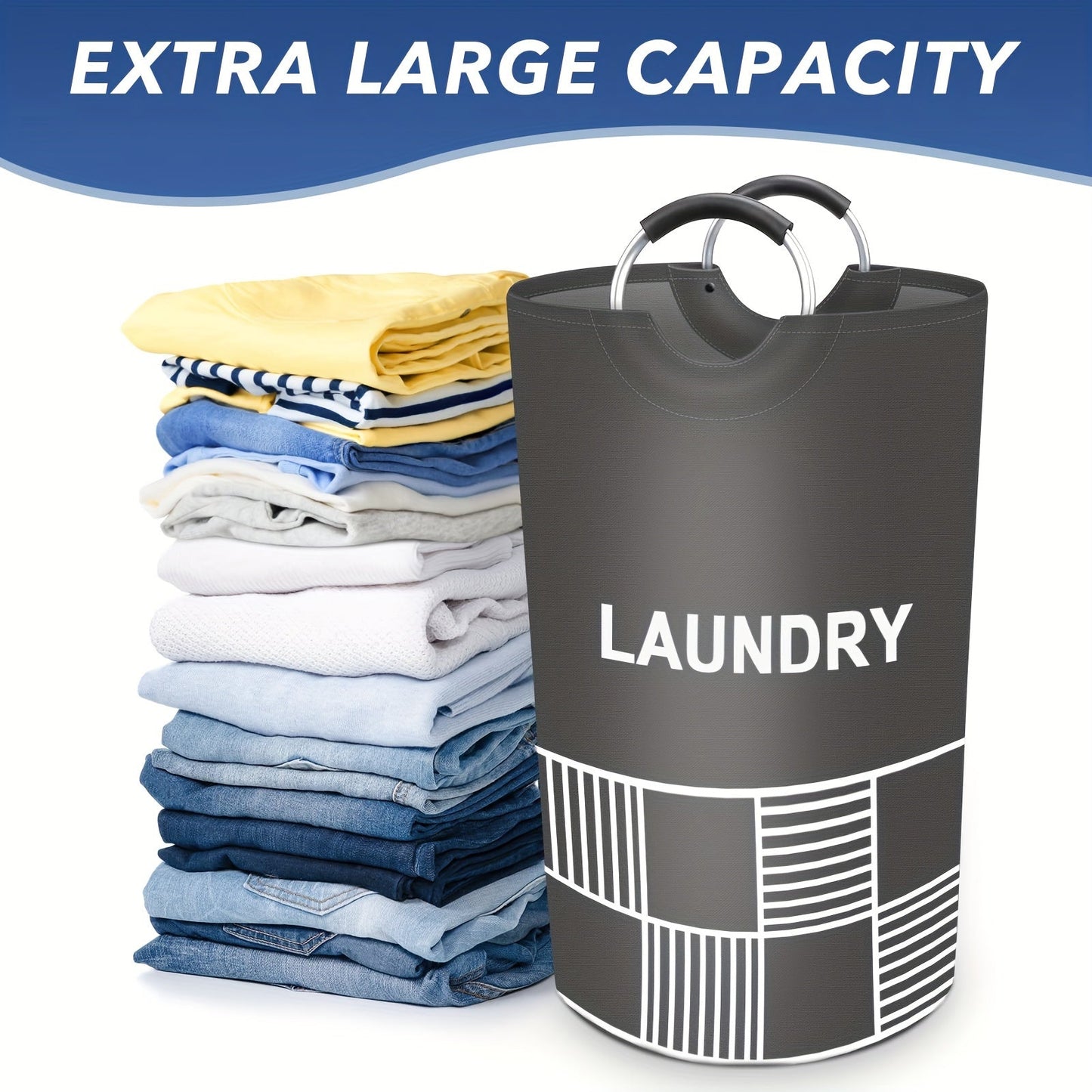 Waterproof laundry hamper with padded handles, stands up well and collapses for easy storage. Perfect for bathroom, laundry room, balcony, dorm, and more. Stay organized with this 82L/115L laundry basket.