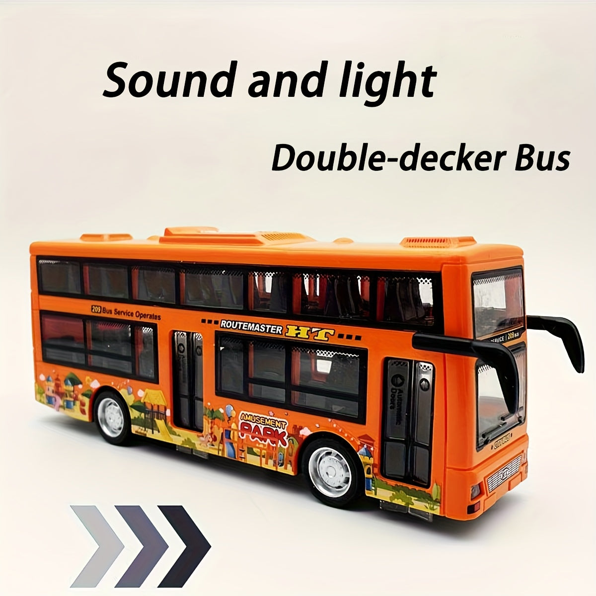 Battery-powered toy Routemaster Double Decker Bus for kids, with realistic sound and flashing lights. Push-operated with non-rechargeable button battery included. Suitable for ages 3-6