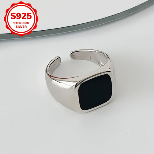 925 Silver Unisex Geometric Black Square Ring with Middle Eastern Design, Open-End Style, Lightweight at 4g/0.141oz