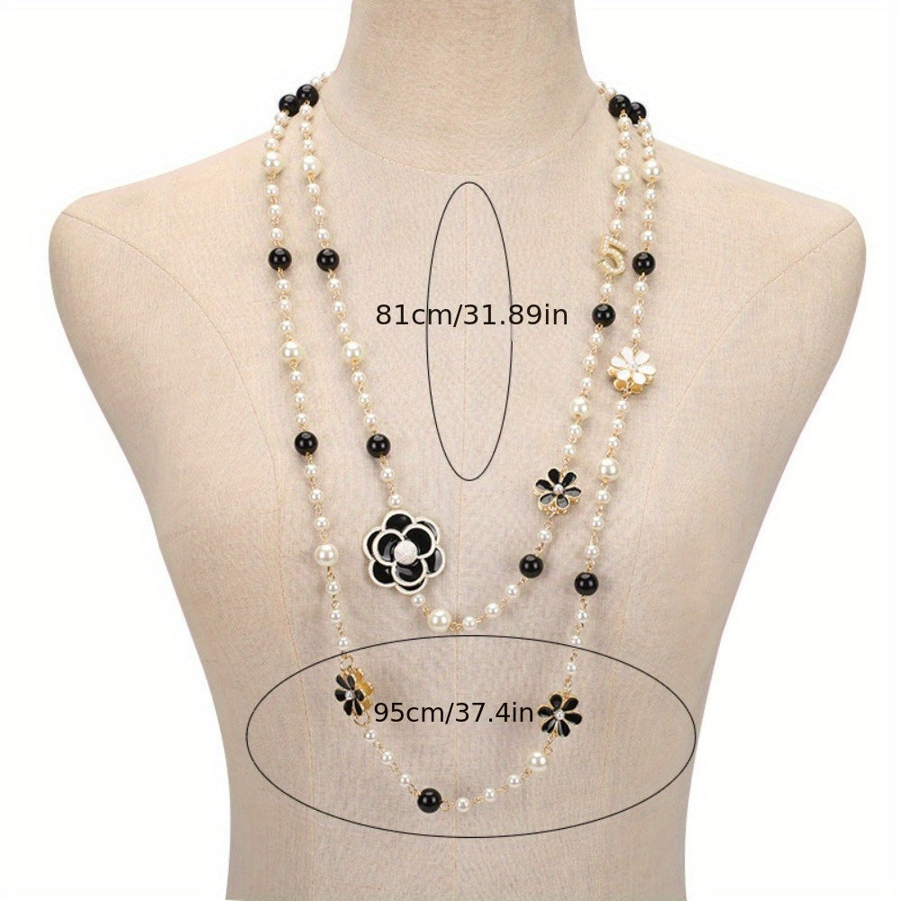 Long French Court Style Sweater Chain with Korean Style Flower Beads, Faux Pearl, Double Layer Pendant Necklace featuring Number 5 - Unique Jewelry Piece