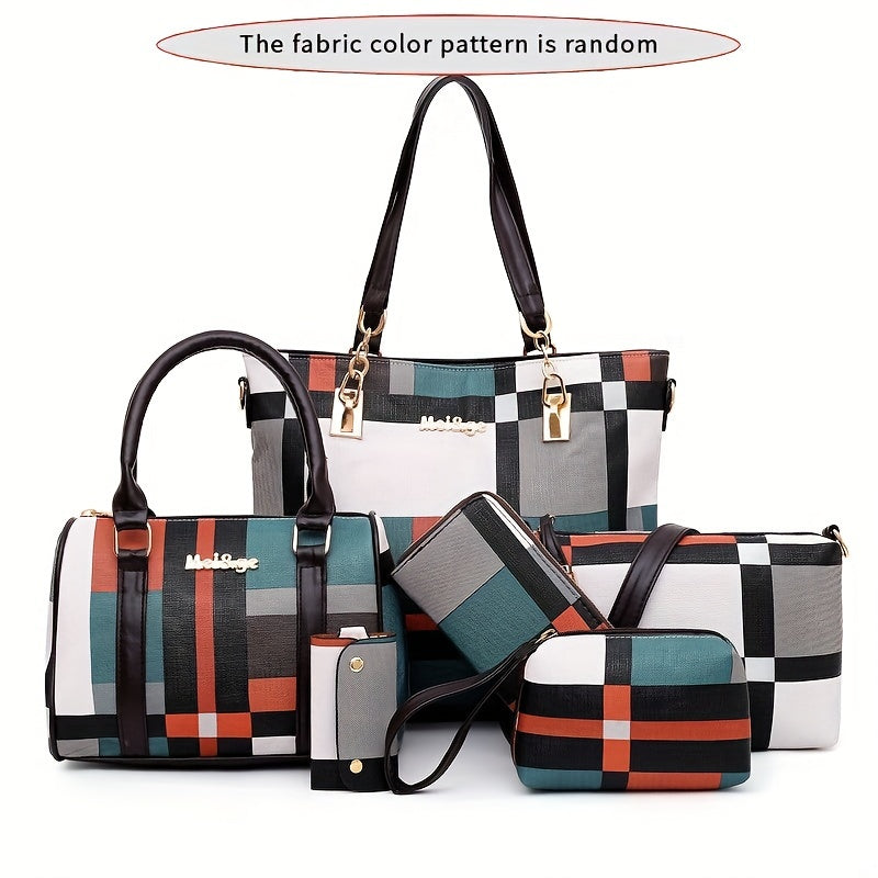 6-piece set of checkered pattern shoulder bags including a handbag, crossbody bag, clutch bag, long wallet, and short wallet.