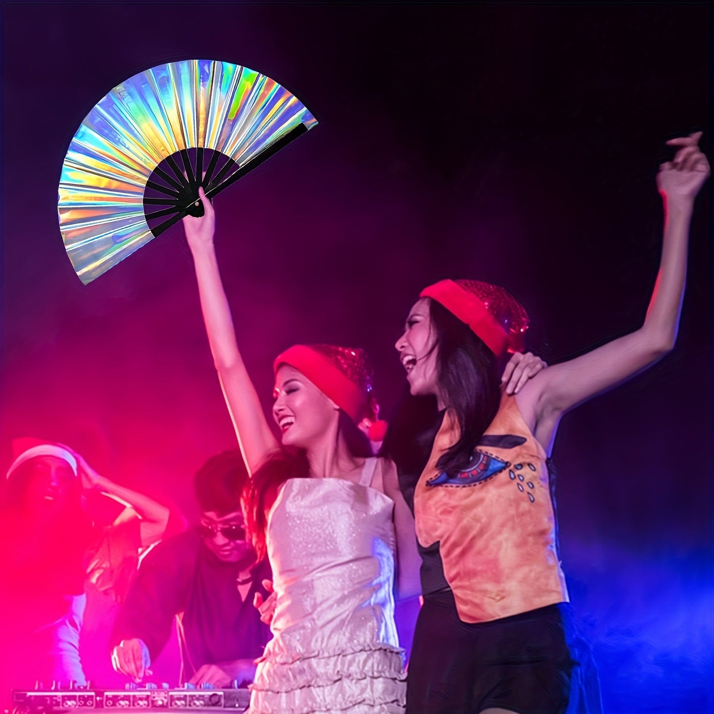 Handheld Party Fan - Vibrant colors make it perfect for festivals, rainbow outfits, disco parties, and dancing. Made of high-quality wooden material, this large folding fan is a stylish accessory to keep you cool at any event.