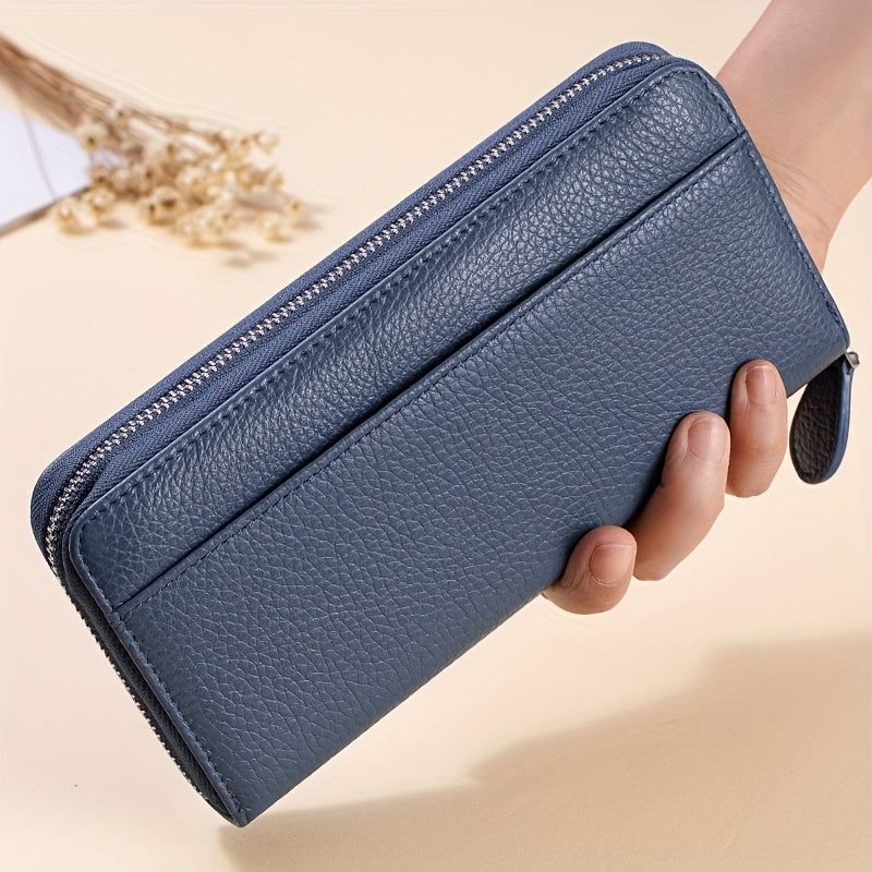 Women's Genuine Leather RFID Anti-theft Long Zipper Wallet with 19 card slots, 1 coin pocket, and 5 cash slots.