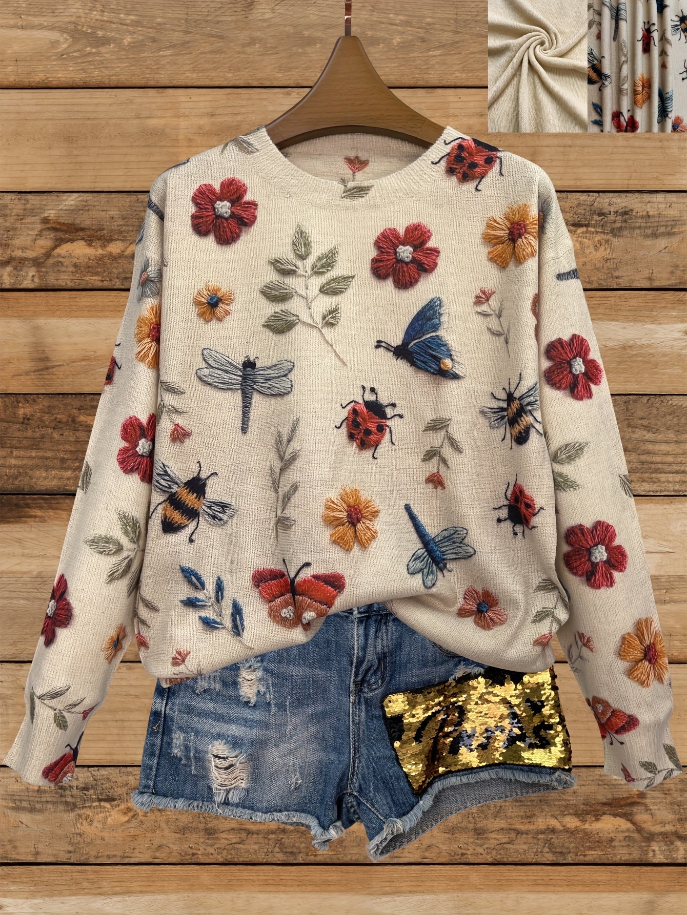 Casual lightweight women's sweater with 3D insect print, round neck, and long sleeves.