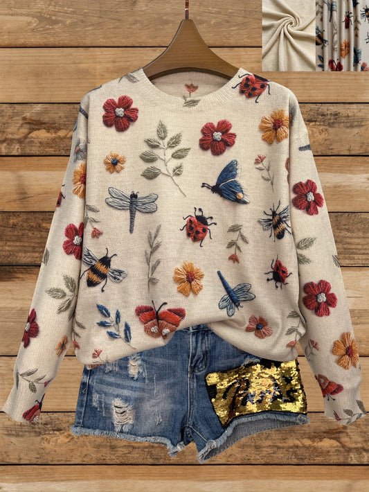 Casual lightweight women's sweater with 3D insect print, round neck, and long sleeves.