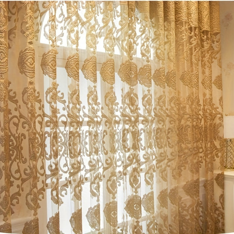 Luxury Sheer Curtains - Featuring Elegant Golden Jacquard Design, Made of Lightweight Polyester Tulle with Grommet Top for Living Room, Bedroom, Sliding Glass Patio. These Modern European Style Window Drapes add a touch of sophistication to any living