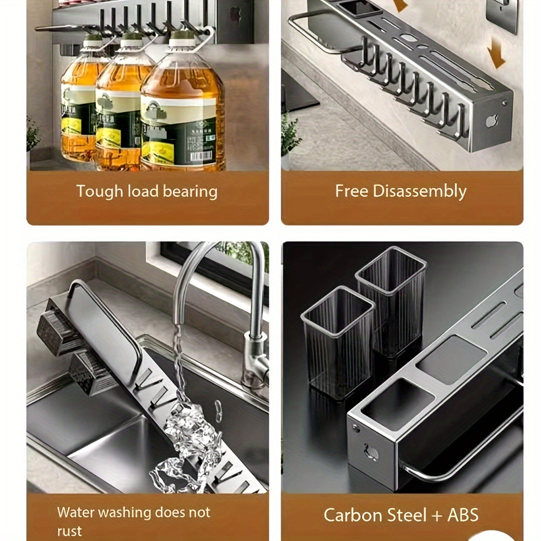 Wall-mounted knife rack made of premium carbon steel, offering a large capacity for organizing knives, spatulas, spoons, forks, chopsticks, and towels. Features integrated dry and wet separation draining storage, no-drill installation, and a