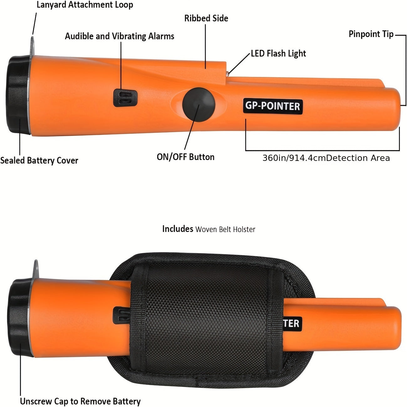 Portable metal detector wand with high sensitivity, 360° search capability, includes belt holster, made of plastic, battery operated (batteries not included), ideal for finding golden coins