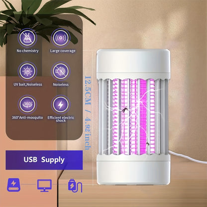 Purple light mosquito killer with physical electric shock, USB plug-in, suitable for various indoor spaces. Can be mounted on wall or placed on desktop.