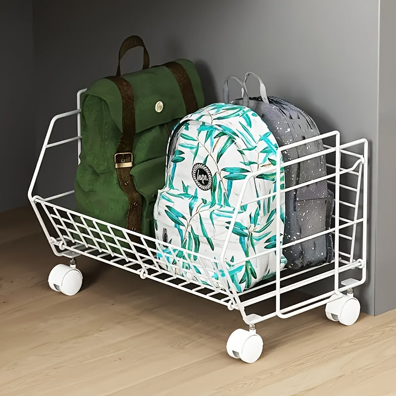 Spacious under-desk storage basket with wheels for backpacks and more. Sleek metal organizer with contemporary style, no electricity required.