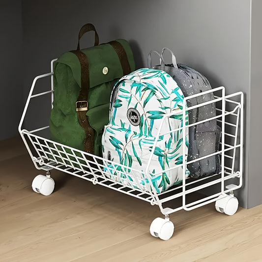 Spacious under-desk storage basket with wheels for backpacks and more. Sleek metal organizer with contemporary style, no electricity required.