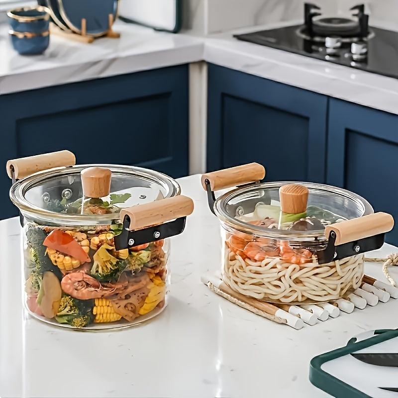 Transparent Soup Pot with Lid and Dual Wooden Handles for Easy Cleaning - Made of Durable High Borosilicate Glass, Perfect for Everyday Kitchen Use.