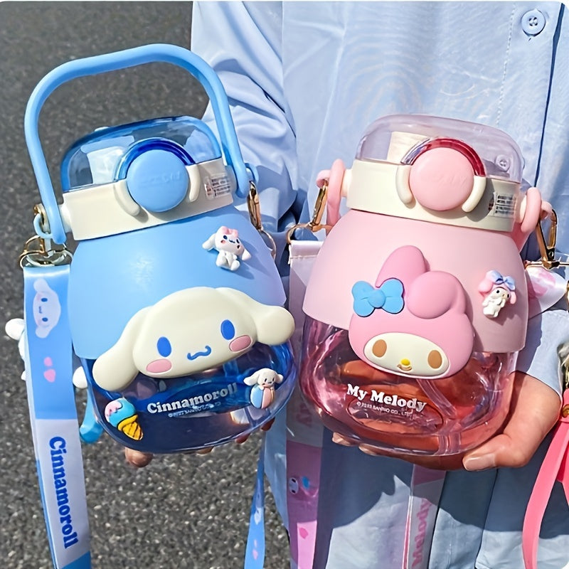 Large 35.5oz Sanrio water bottle featuring Kuromi & Melody designs. Leakproof with straw, portable for travel & fitness. Made of Tritan material, hand-wash only.