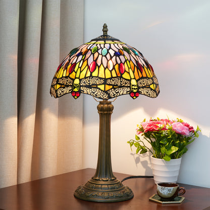 Handmade 12-inch glass desk lamp with green dragonfly pagoda shade and antique metal finish. Includes switch and 220-240V European plug. Perfect cozy bedside table lamp for various rooms in retro European countryside style. A creative gift idea.