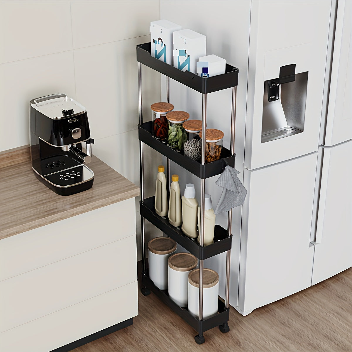 Slim rolling storage cart for narrow spaces, ideal for bathroom, kitchen, laundry room. Affordable option.