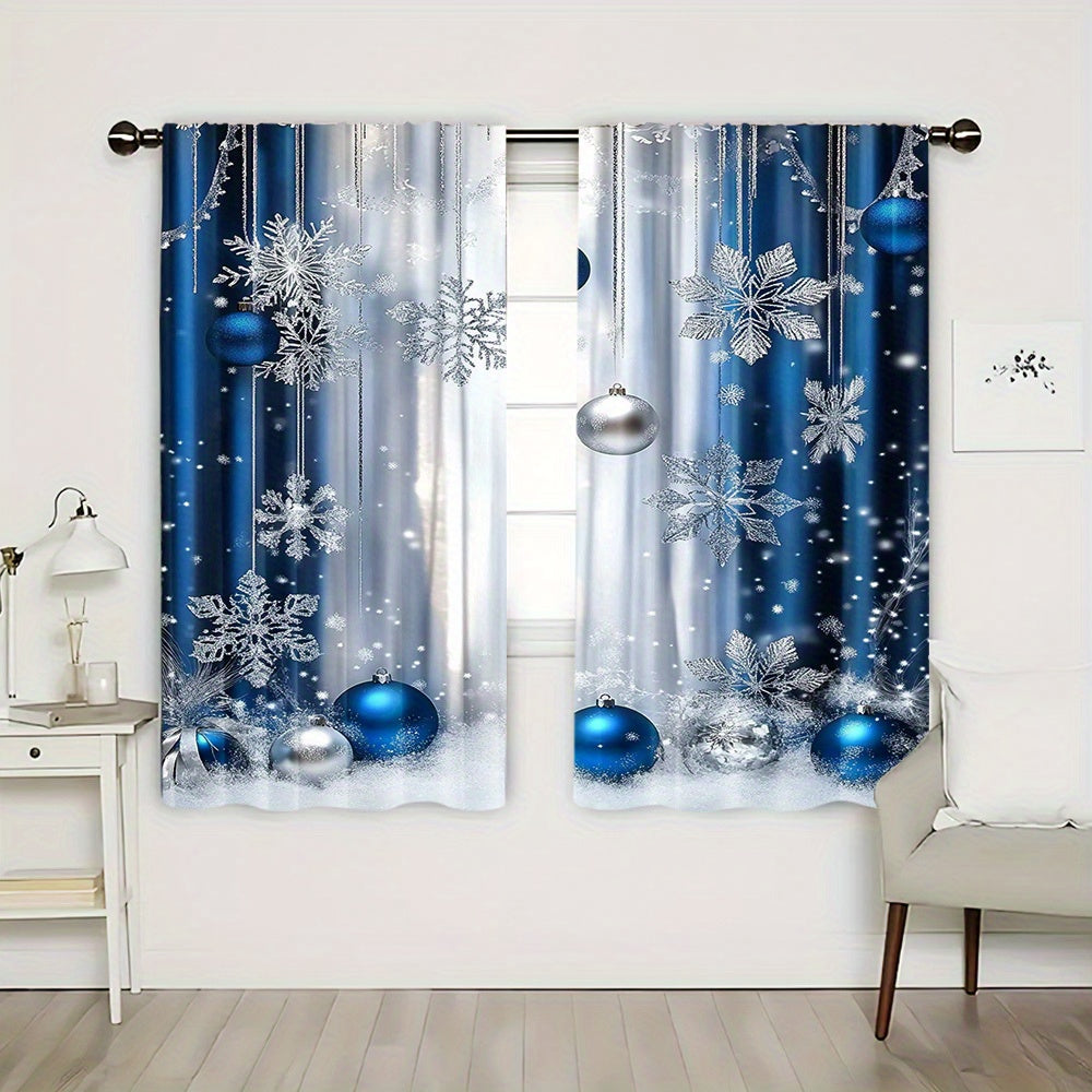 Christmas Blue Festive Curtains Set includes 2 pieces - Featuring Rod Pocket Design and Digital Printed Polyester Drapes perfect for Living Room, Kitchen, and Dining Decor (Rod Not Included)