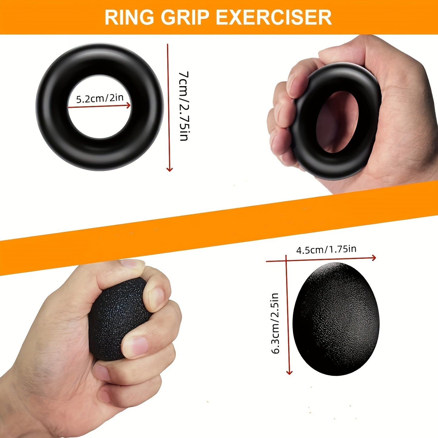 Hand Grip Strengthener Kit includes 5 pieces: Grip Strength Trainer, Forearm Trainer, Adjustable Finger Stretching Rope, Grip Ring, and Grip Ball.