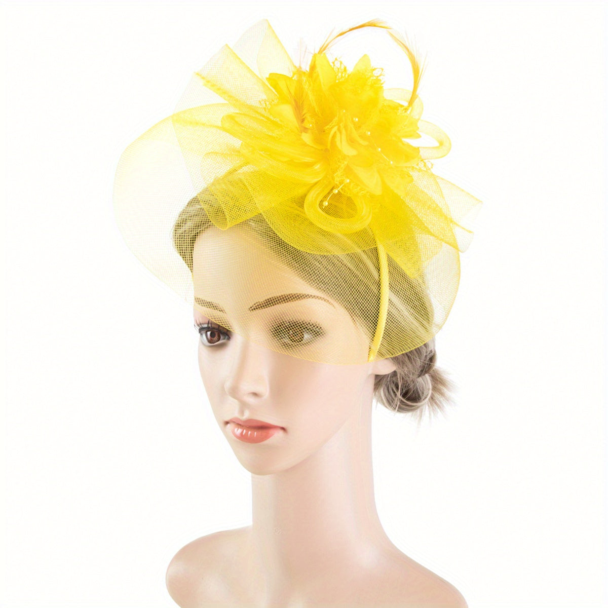 One piece of women's hair accessory featuring a mesh flower, faux feather detailing, and veil perfect for birthday parties, the Jockey Club, weddings, derby hats, and church events.