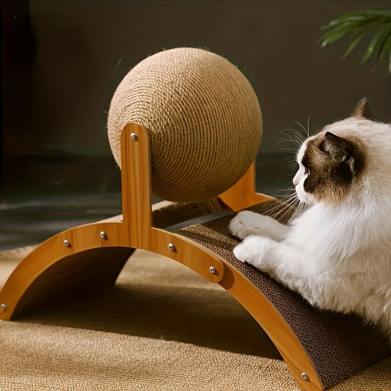 Wooden cat scratching ball with corrugated paper base - durable vertical claw grinding toy for cats.